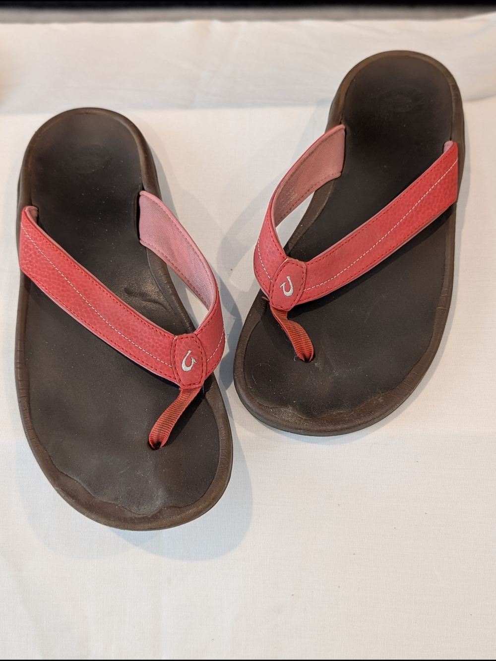 OluKai Coral-Red Thong Sandals with Brown Footbed